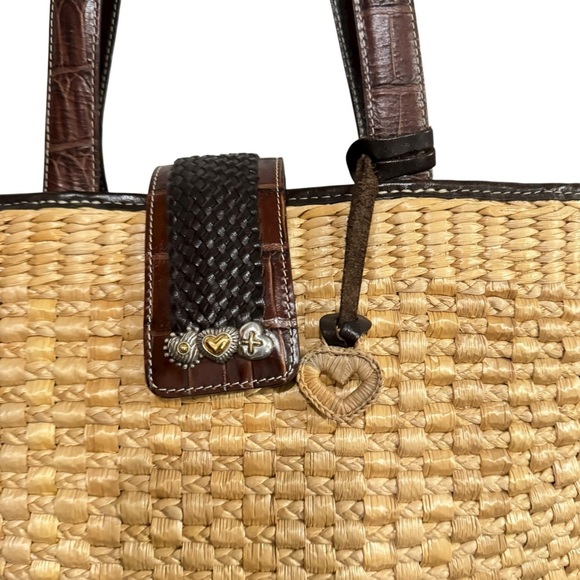 Brighton Straw Weave Snap Tote Leather Strap Handbag Summer Travel Cottage - Picture 6 of 14